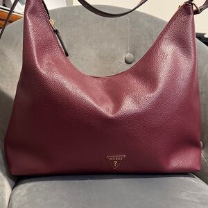 GUESS Burgundy Pebbled Leather Large Hobo with Gold Accents